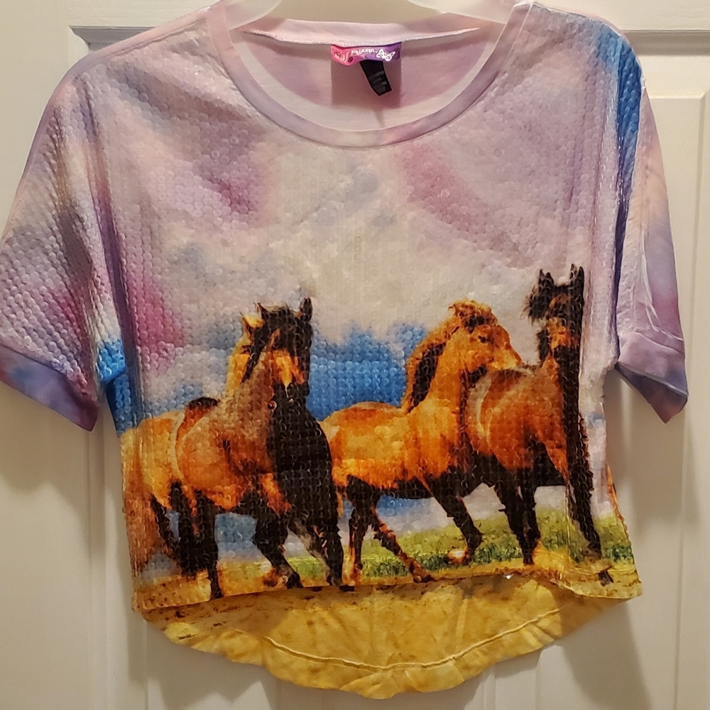 Girl's Size Medium Sequin Horse Crop Top